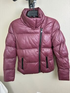 Bod & Christensen Leather Puffer Jacket Red Asymmetrical Zip Sorona Medium